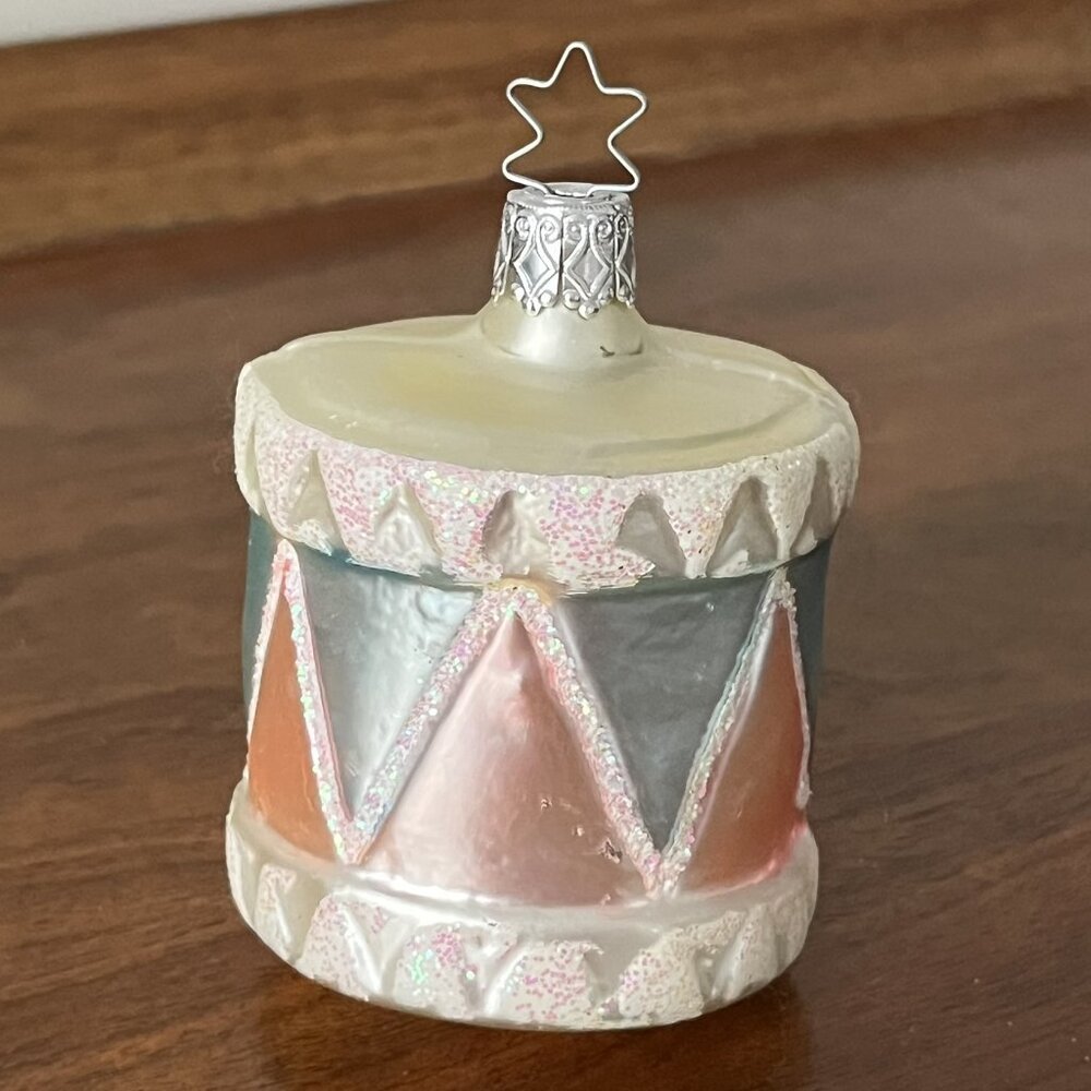 Inge-Glas Germany Toy Drum Blown Glass Ornament Old World Christmas Pink Blue